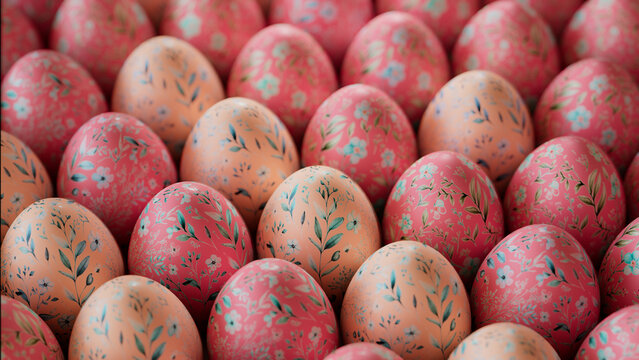 Collection of Perfectly arranged Eggs with Floral Designs. Multicolored Easter Background.