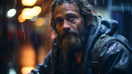 Bokeh photography of a homeless man in downtown San Francisco, rainy and cold, night time - obrazy, fototapety, plakaty