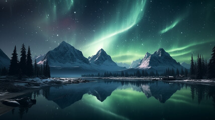 Amazing view of the northern lights over snow-capped mountains and trees in the sky