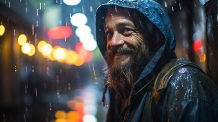 Bokeh photography of a homeless man in downtown San Francisco, rainy and cold, night time