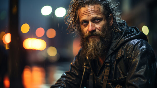 Bokeh photography of a homeless man in downtown San Francisco, rainy and cold, night time