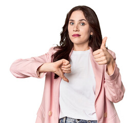 Young Caucasian woman in a studio setting showing thumbs up and thumbs down, difficult choose...