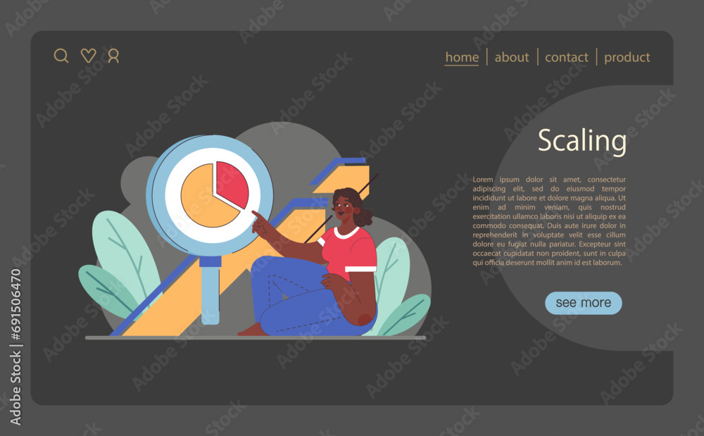 Poster scaling concept. woman analyzes pie chart growth, business performance metrics. data visualization, 