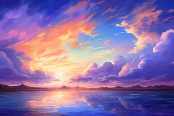 Deurstickers A stunning, scenic backdrop with a sunset sky, oil painting aesthetic, and vibrant, enchanting colors in an anime-inspired style. © ckybe