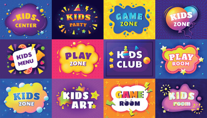 Kid background. Children game party, fun banner with child signs, color childish play zone. Party banner, menu cover, art center flyer. Bright design. Playground logo. Vector cartoon design - obrazy, fototapety, plakaty