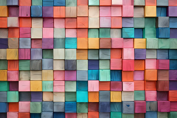An Artistic Wall Composition Featuring Colorful Wooden Blocks, Crafted in the Style of Bold Chromaticity, Chalk-Inspired Textured Paint Layers, Wood Veneer Mosaics