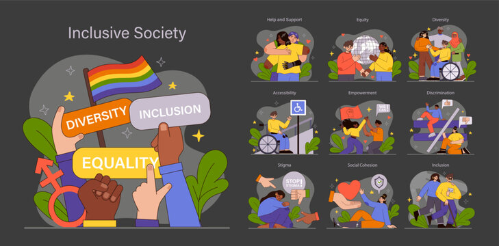 Inclusive Society set. Harmonious diversity and equality celebration. Unity in gender, race, and disability representation. Universal acceptance and solidarity themes. Flat vector illustration.