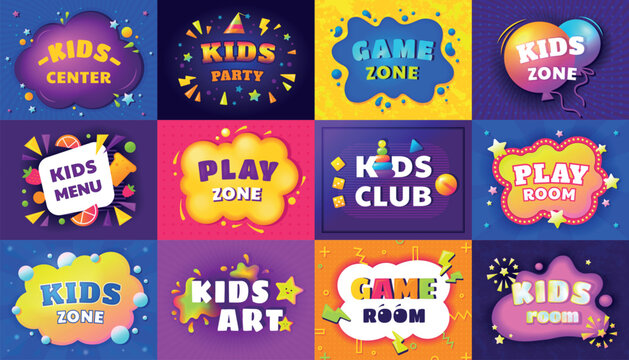 Kid background. Children game party, fun banner with child signs, color childish play zone. Party banner, menu cover, art center flyer. Bright design. Playground logo. Vector cartoon design