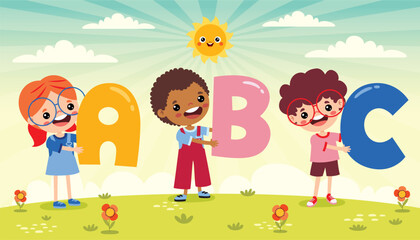 Obraz na płótnie Canvas Cartoon Kids Posing With Alphabet Letter