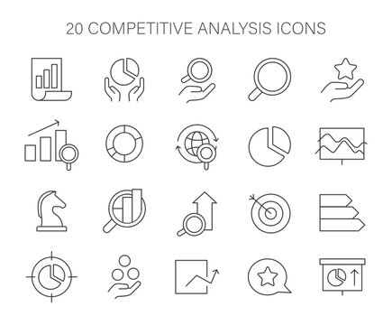 Icon set for competitive analysis. Essential visual tools for market research, data interpretation, strategic planning. Flat vector illustration.