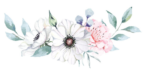 Bouquet anemone and peony painted with watercolors.White flowers Suitable for decorating wedding invitation cards.Vintage style.