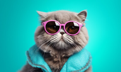 Obraz premium Fantasy cat wearing sunglasses and jacket with a human body. 