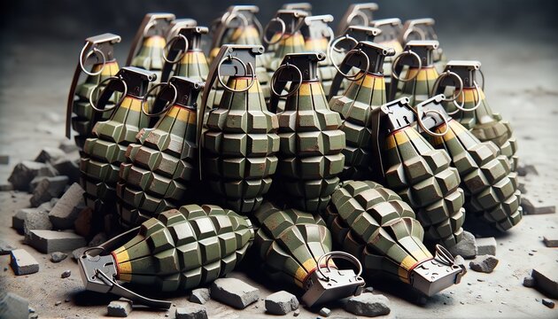 A lot of defensive hand grenades are stacked in a pile. Close-up. Personal handheld explosive weapon