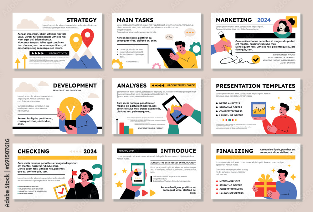 Aufkleber Report template. Business presentation slides. Marketing portfolio with data work landing or project layout. Development strategy infographic. Businessman tasks. Vector banners set
