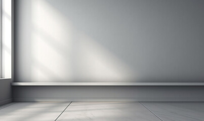 Empty room with sunlight shining, large window. White and gray gradient soft light background of studio for artwork design.	