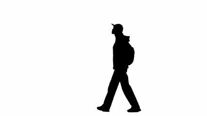 Portrait of traveler isolated on white background alpha channel. Silhouette of woman walking with backpack in cap and looking around.