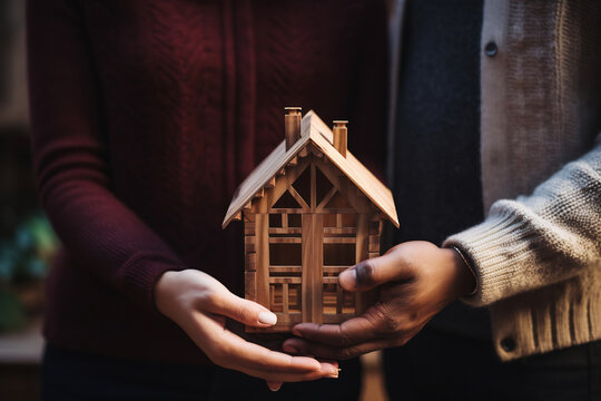 Close up of married couple hands holding wooden house, real estate concept