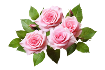 Pink rose flowers with green leaves in a floral arrangement isolated on white or transparent background.