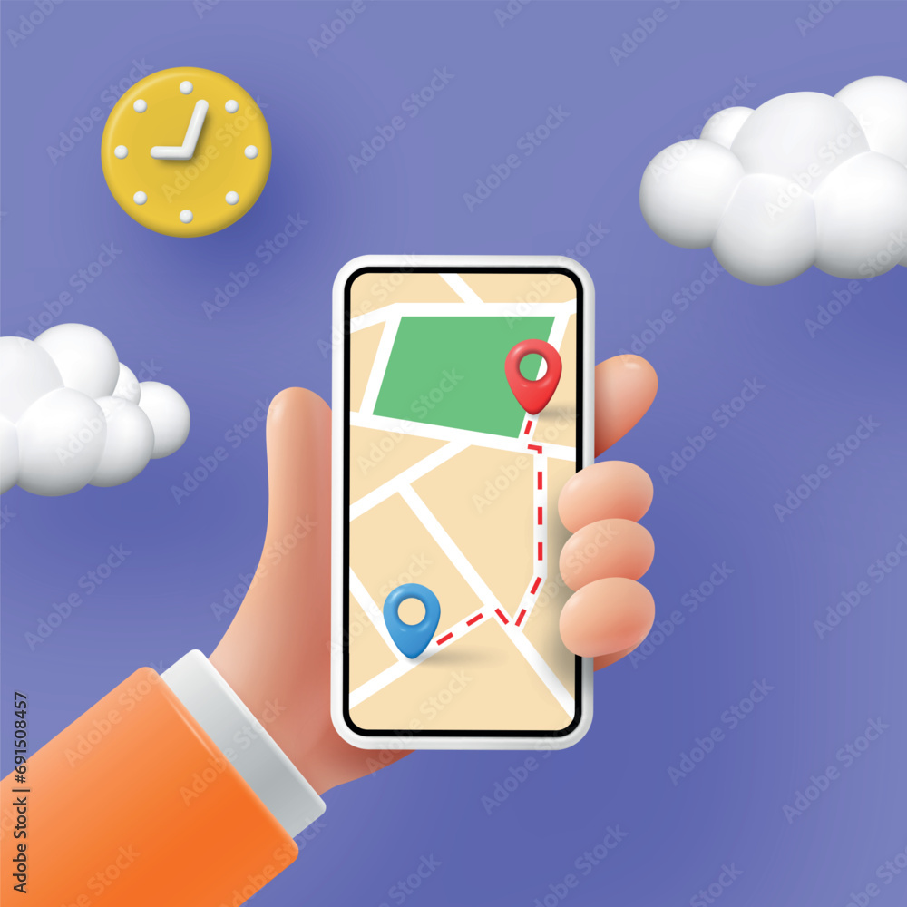 Leinwandbilder 3d phone. gps map. smartphone application. phone in hand. mobile technology. car journey route with 