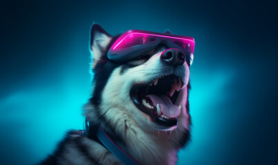 Pet influencer character with happy smiling Alaskan Malamute dog Wear a hood in VR goggles illuminated with pink light against neon blue background.