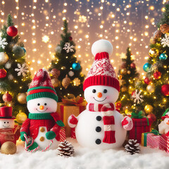 Christmas trees and snow man, beautiful Christmas concept, Generative AI