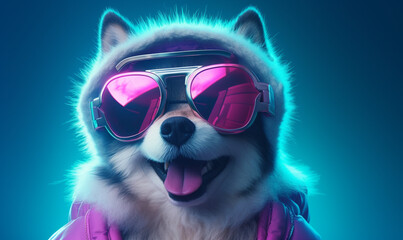 Pet influencer character with happy smiling Alaskan Malamute dog Wear a hood in VR goggles illuminated with pink light against neon blue background.