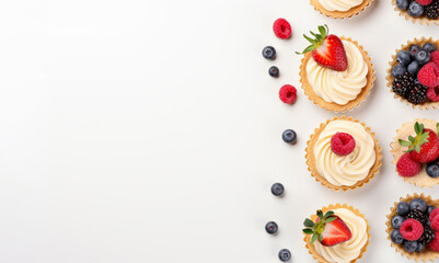 Sweet dessert - cupcakes and fresh berries, top view, place for text