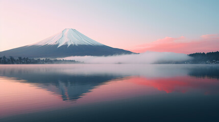 朝焼けで空がピンクや紫になっている日本の富士山、山中湖の鏡面反射