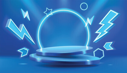 3d sale banner. Flash podium, neon stage, product platform in neon lights, battery power show, glowing electric lightning. Shop promotion background. Vector cyber design for presentation