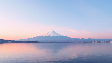 朝焼けで空がピンクや紫になっている日本の富士山、山中湖