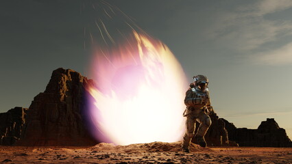 Astronaut escapes from falling comet asteroid, fiery asteroid from outer space crashes into surface of red planet Mars. Disaster. 3d render