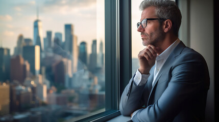 Portrait of mature businessman leader posing with hands folded in office, looking out window in deep thoughts, planning work process, thinks about a new strategy for his team