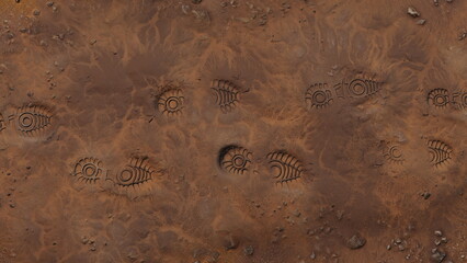 Cosmonaut boots footprints in sand of planet Mars. Astronaut Exploring planet, traveling through...