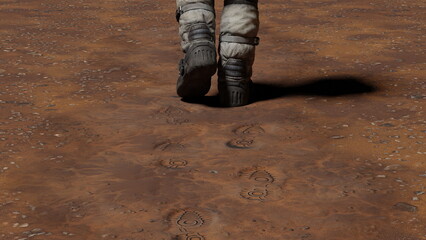 Cosmonaut boots footprints in sand of planet Mars. Astronaut Exploring planet, traveling through solar system, Martian colony. 3d render - obrazy, fototapety, plakaty