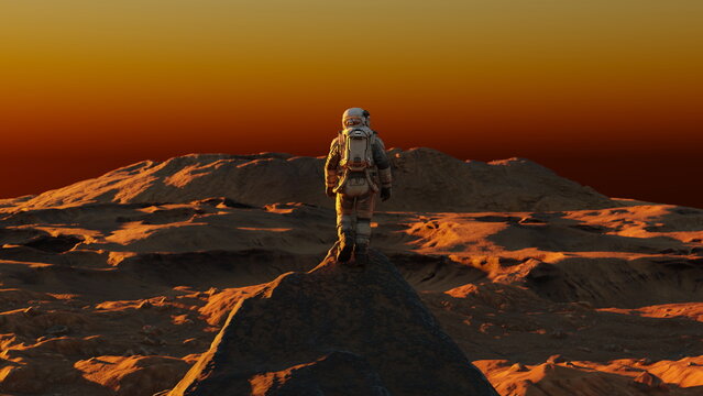 Astronaut on alien planet, red planet Mars. Space exploration, Martian colony, science, solar system. Rocky surface landscape. 3d render