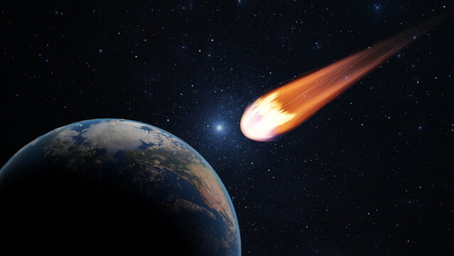 Asteroid, fall of comet to earth, Armageddon disaster, danger meteorite. Huge fiery comet is flying in space towards Earth. 3d render.  Elements of this image furnished by NASA. 3d render