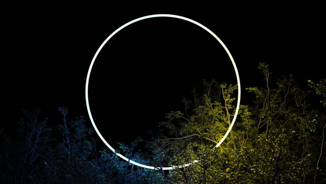 Luminous circle ring in foliage of tree branches on black background. Neon glow illumination, place for text. 3d render