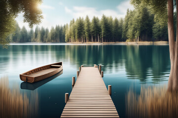 Wald mit See und Ruderboot Steg als  Hintergrund