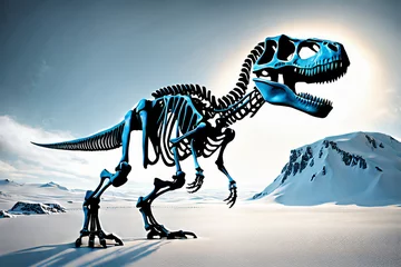 Fototapeten Dinosaurier T-Rex Skelett in den Bergen im Schnee © Pixelot