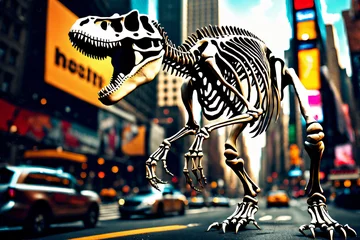 Küchenrückwand glas motiv Dinosaurier T-Rex Skelett in der Stadt auf der Strasse © Pixelot