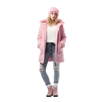Full body image of woman in pink winter fashion on transparent background PNG