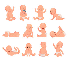Cute baby. Newborn toddler. Happy infant in diaper. Girl crawling or sleeping. Daughter growth. Kid sitting and playing. Children poses and actions set. Vector cartoon illustration