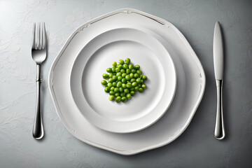 Grüne Erbse auf einem Teller mit Besteck - obrazy, fototapety, plakaty