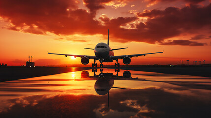 airplane landing or takeoff on airport runway at sunset, plane flying at orange sky background at sunrise