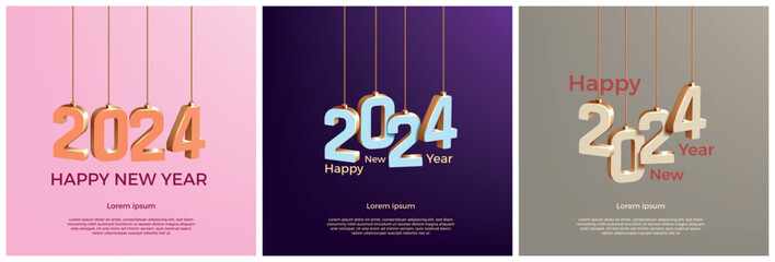 2024 cards. Happy new year background, greeting banner or calendar poster for party. Social media square congratulation post. 3d numbers, copy space. Vector winter holiday design, concept