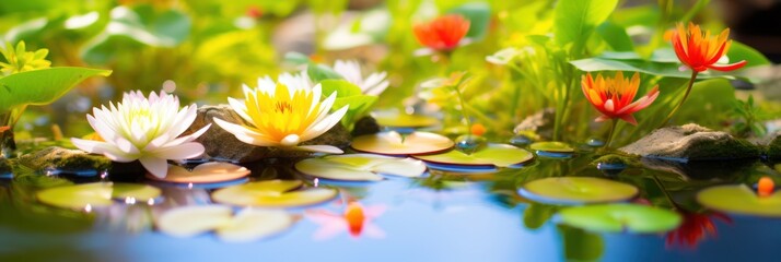 Small decorative pond with flowers and water pants. Panoramic banner.