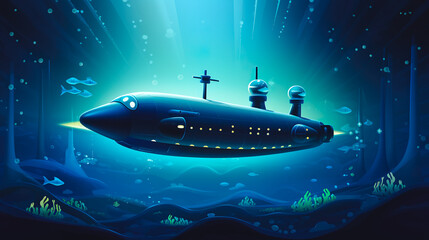 Obraz premium old-fashioned retro submarine underwater, under water vintage or steampunk vessel in deep blue sea or ocean