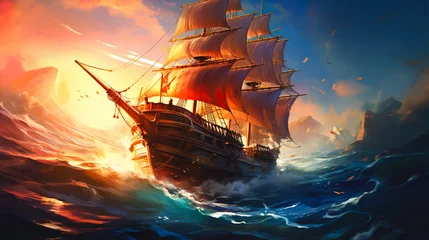 Poster colorful illustration of old ancient wooden sail ship, pirate sailboat at open sea or ocean, watercolor style image