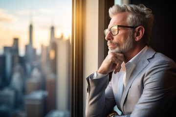 Portrait of mature businessman leader posing with hands folded in office, looking out window in deep thoughts, planning work process, thinks about a new strategy for his team