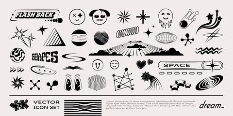 Y2k icons. Logo elements, retro planet, space and vintage 2000 shapes, future rave stars. Black silhouette. Funny smile characters, abstract geometric elements. 00s tattoo. Vector techno symbols